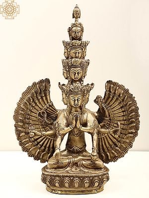 12" Tibetan Buddhist Deity Eleven Headed Avalokiteshvara In Brass | Handcrafted In India