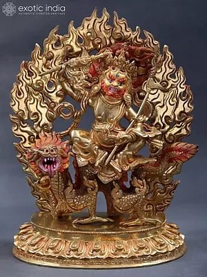 Tibetan Buddhist Deity Kubera Statue Seated On a Dragon (Made in Nepal)