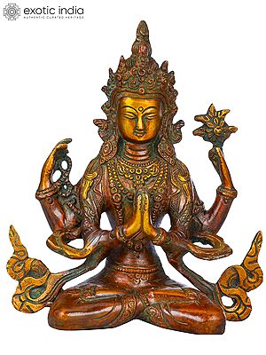 7" Tibetan Buddhist Deity Chenrezig Statue (Four-Armed Avalokiteshvara) in Brass