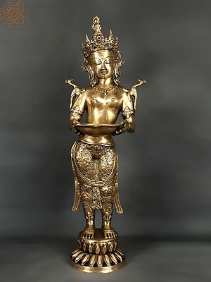 30" Tibetan Buddhist Goddess Tara with Lamp In Brass | Handmade | Made In India