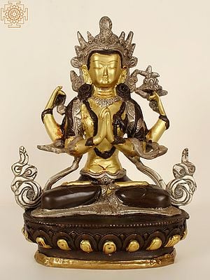 8" Tibetan Buddhist Deity Chenrezig - The Four-Armed Avalokiteshvara In Brass | Handmade | Made In India