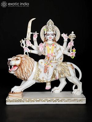 30" Large Durga Maa Statue Seated On Lion In Marble