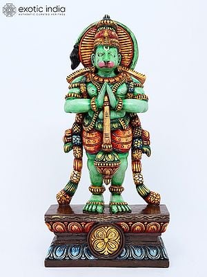 24" Colorful Fine Standing Lord Hanuman in Namaskar Mudra | Wood Carving