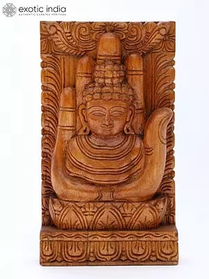 12" Lord Buddha on Hand | Wood Carved Wall Panel