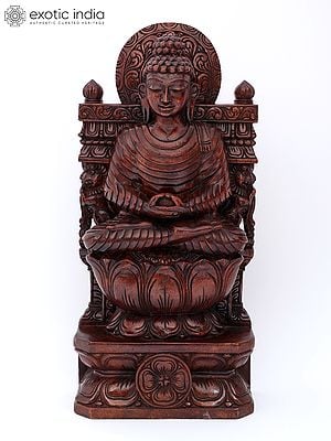 24" Meditating Lord Buddha Seated on Throne | Wood Carving