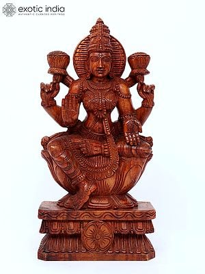 24" Blessing Goddess Lakshmi Seated on Lotus | Wood Carving