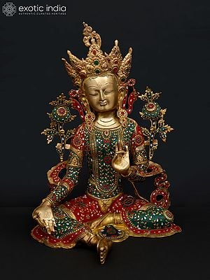 28" Goddess Green Tara | Brass Statue with Inlay Work