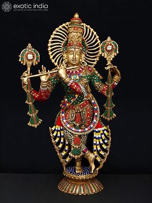 28" Venugopal Lord Krishna | Brass Statue with Inlay Work