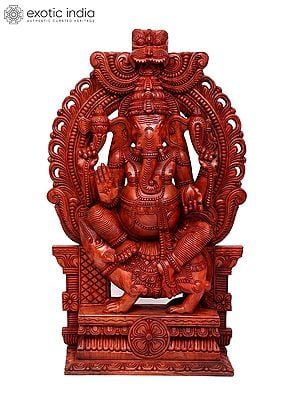 50" Large Blessing Lord Ganesha Seated on Mushak with Kirtimukha Prabhavali | Wood Carving