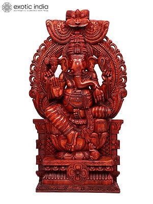 60" Large Chaturbhuja Lord Ganesha Seated on Kirtimukha Throne | Wood Carving