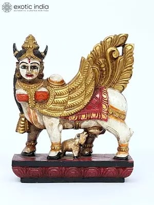 32" Colorful Goddess Kamadhenu with Calf | Wood Carving