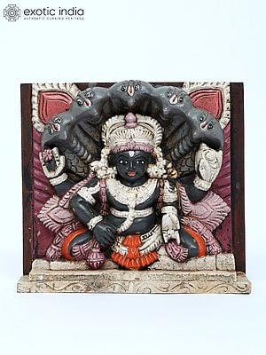 12" Lord Vishnu Wall Panel with Sheshnag | Wood Carving