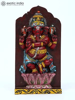 15" Lord Ganesha Dancing on Lotus | Temple Shaped Wall Hanging Wood Panel