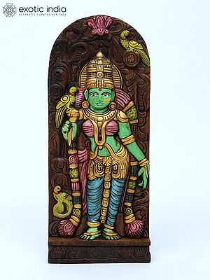 18" Colorful Goddess Meenakshi Wall Panel | Wood Carving