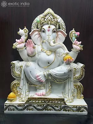 30" Lord Ganesha Vietnam Marble Idol In Blessing Gesture | Statue For Temple