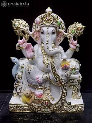 21" Seated Lord Ganesha Vietnam Marble Idol | Hand Carved Statue For Temple