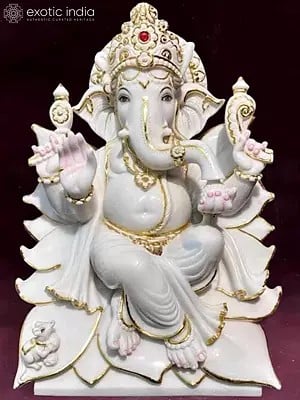 24" Seated Four Armed Lord Ganesha Vietnam Marble Statue | Statue For Temple