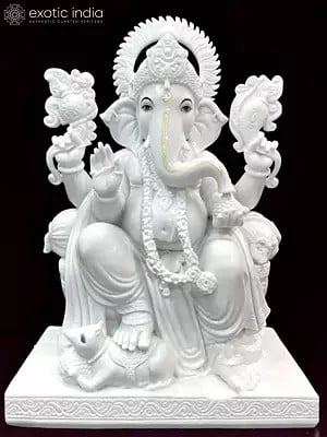 36" Lord Ganesha Holding Modak Vietnam Marble Idol | Hand Carved Statue