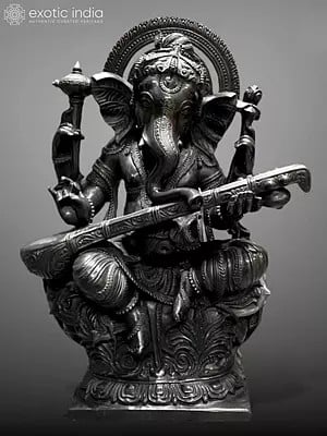 24" Lord Ganesha Playing Sitar (Musical Ganesha) In Black Marble Statue