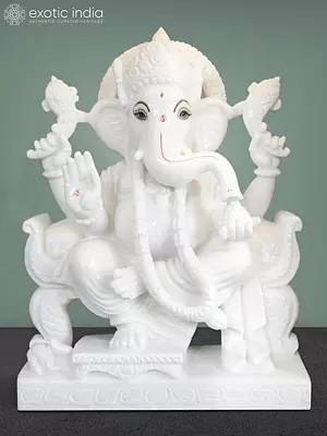 18" Lord Ganesha Seated On Throne Vietnam Marble Idol | Hand Carved Statue For Temple