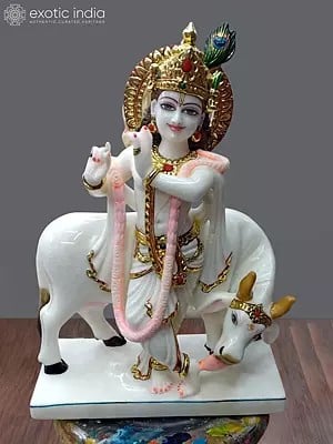 24" Beautiful Statue Of Krishna With Cow In Vietnam Marble | Hand Carved