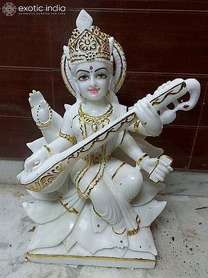 24" Four Armed Goddess Saraswati Playing Sitar Vietnam Marble Idol | Statue For Temple