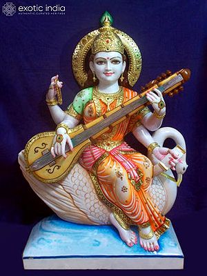 36" Goddess Saraswati Seated On Swan Vietnam Marble Idol | Hand Carved Statue