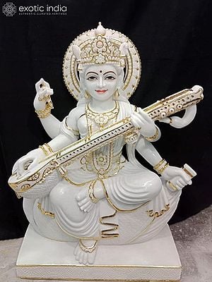 21" Seated Goddess Saraswati Playing Sitar Vietnam Marble Idol | Statue For Temple