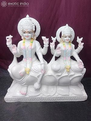 24" Lord Vishnu With Goddess Lakshmi Seated On Lotus Throne In Vietnam Marble | Statue For Temple