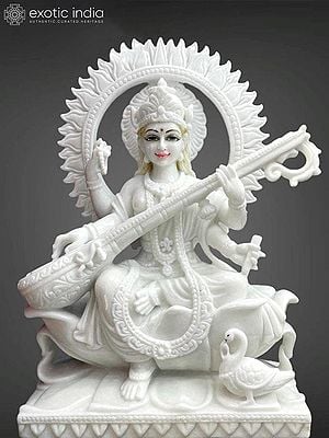 24" Goddess Saraswati Playing Sitar Vietnam Marble Idol | Hand Carved Statue For Temple