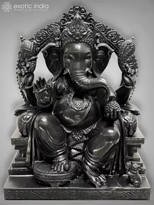 24" Lord Ganesha Seated On Throne Black Marble Idol | Statue For Temple