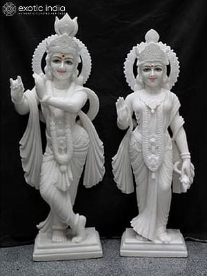 24" Beautiful Idol Of Lord Krishna With Radha In White Marble | Hand Carved