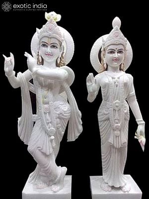 24" Pair Of Radha Krishna White Marble Idol | Hand Carved Statue