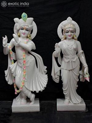 24" Lord Krishna With Radha White Marble Idol | Hand Carved Statue