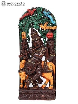 36" Large Venugopal Krishna | Wood Carved Statue Plus Wall Hanging