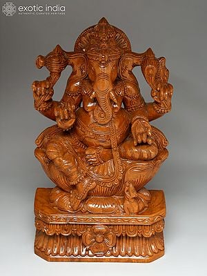 18" Chaturbhuja Lord Ganesha Seated on Lotus | Wood Carving