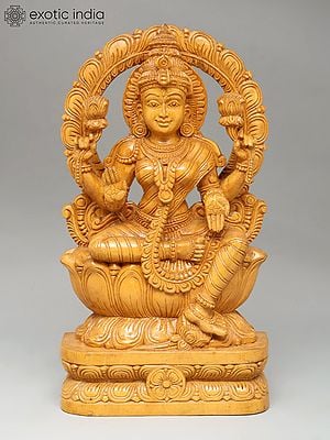 20" Blessing Goddess Lakshmi Seated on Lotus | Wood Carving