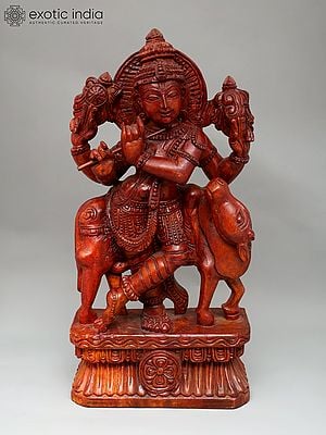 24" Lord Krishna Playing Flute with Cow | Wood Carving