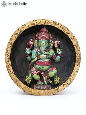 12" Round Dancing Ganesha Wall Hanging | Wood Carved Relief Panel