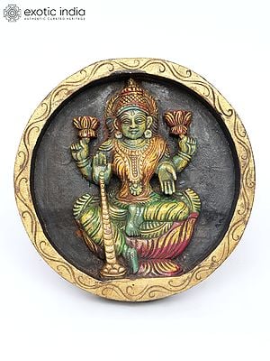 12" Round Shaped Goddess Lakshmi Wall Hanging | Wood Carved Relief Panel