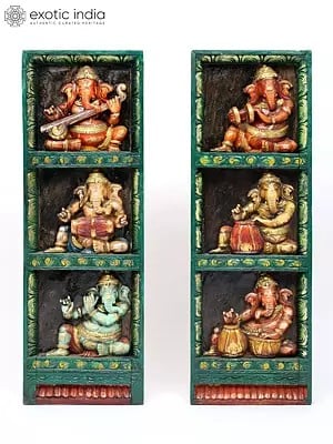 36" Set of Two Musical Ganesha Wall Panels | Wood Carving