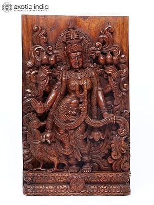 30" Large Standing Goddess Lakshmi Wall Panel | Wood Carving