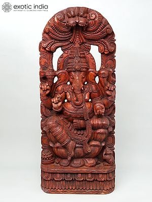 36" Large Sitting Chaturbhuja Lord Ganesha with Kirtimukha Arch | Statue Plus Wall Hanging | Wood Carving