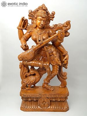 36" Large Goddess Saraswati Dancing and Playing Veena | Wood Carving