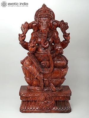 36" Large Four Armed Lord Ganesha Seated on Lotus | Wood Carving