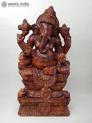 36" Large Sitting Four Armed Blessing Lord Ganesha | Wood Carving