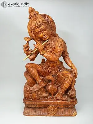 36" Large Four Armed Sitting Lord Krishna Playing Flute | Wood Carving