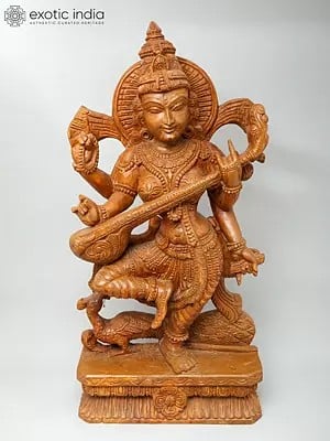 36" Large Devi Saraswati Dancing and Playing Veena | Wood Carving