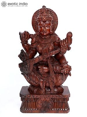 36" Large Devi Saraswati Seated on Lotus | Wood Carving