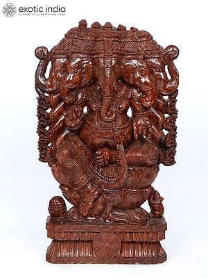 48" Large Ten Armed Panchamukhi Lord Ganesha | Wood Carving